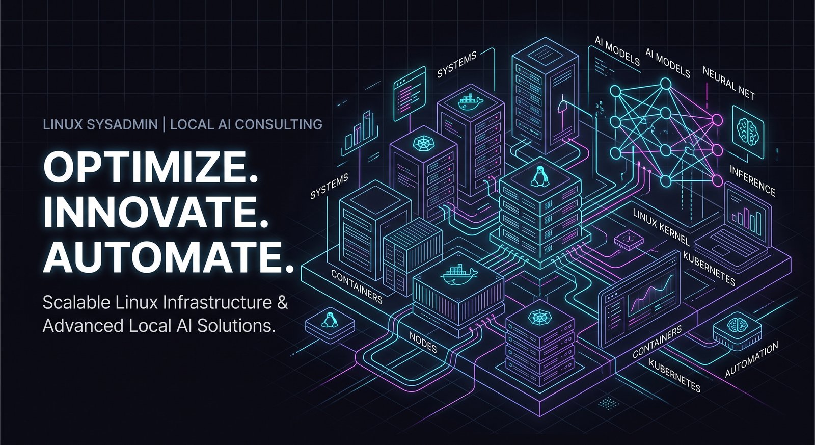 Infographic displaying Linux Sysadmin and Local AI Consulting features including containers, Kubernetes, automation, and neural networks.